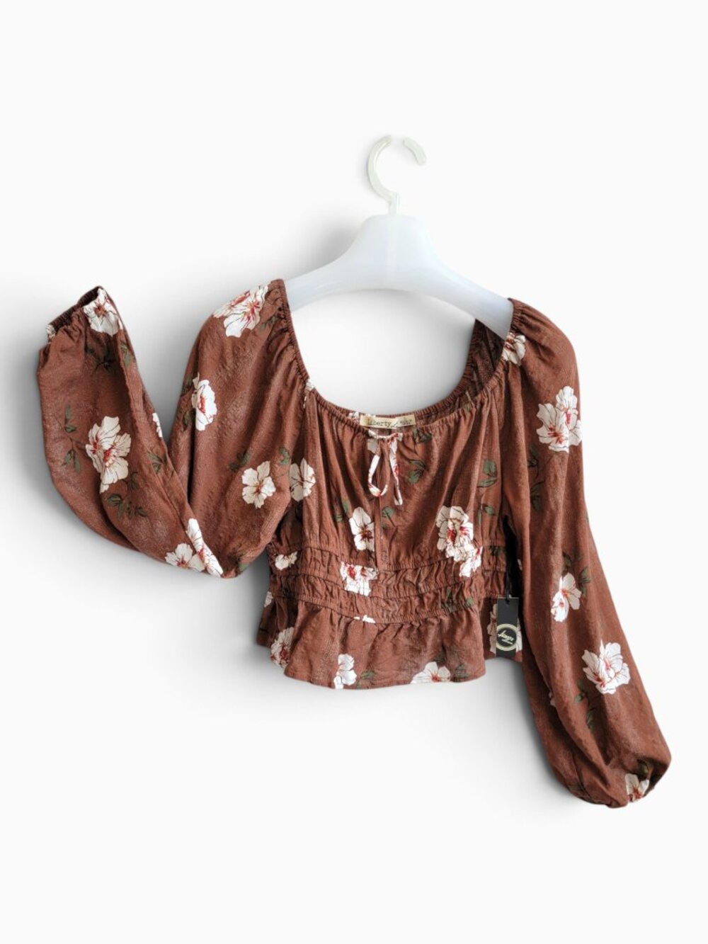 Liberty Love L Brown Floral Peasant Blouse Smocked Waist Balloon Sleeve Boho